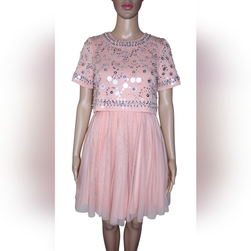 Asos Women's Peach beaded overlay tulle short sleeve mini cocktail dress Size 2